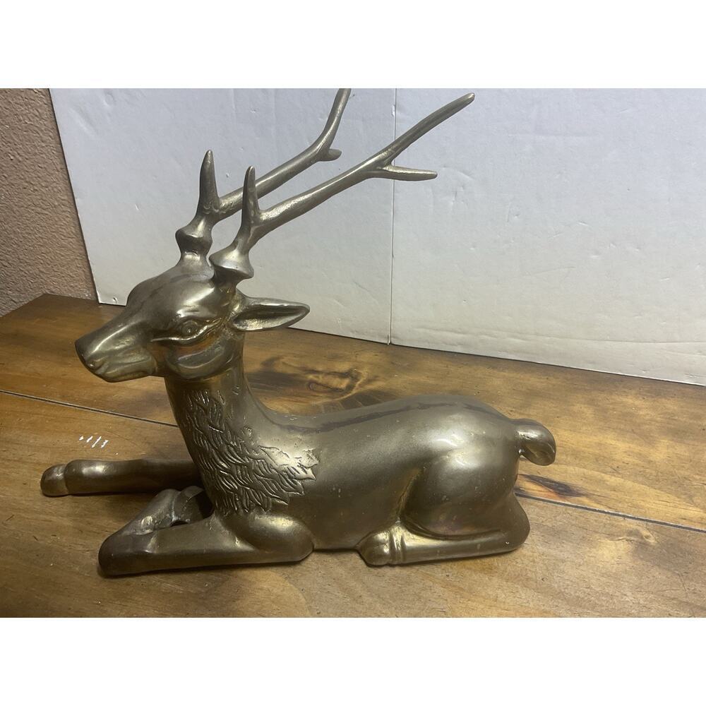 Vintage Solid Brass Stag Deer Sculpture Reclining Large Figurine 12in - Picture 2 of 12